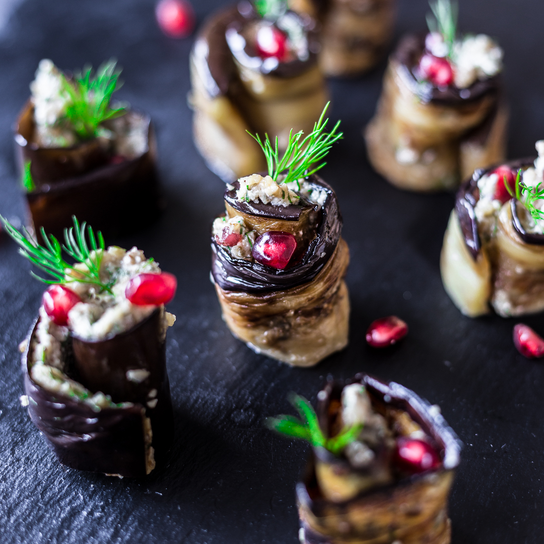 Eggplant Rolls With Walnut & Pomegranate ELXR Juice Lab
