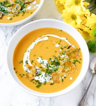 Creamy Squash Soup with Crispy Golden Beet Chips