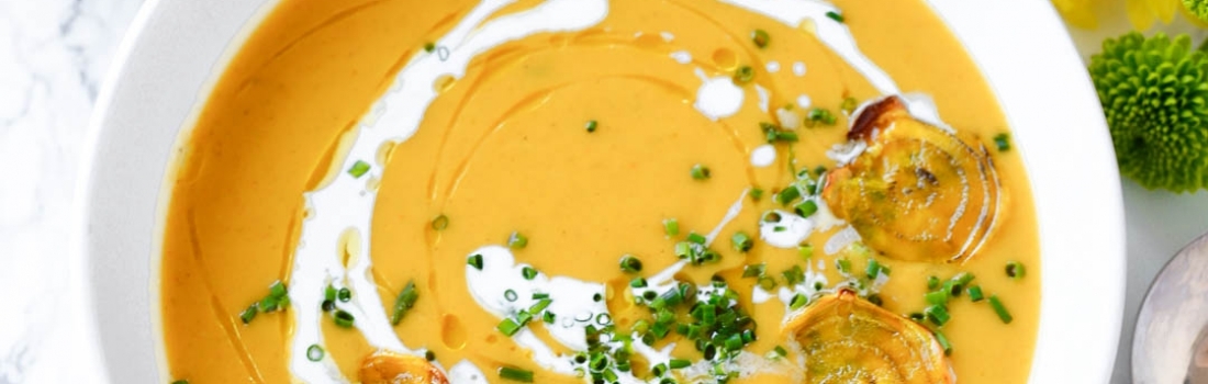 Creamy Squash Soup with Crispy Golden Beet Chips